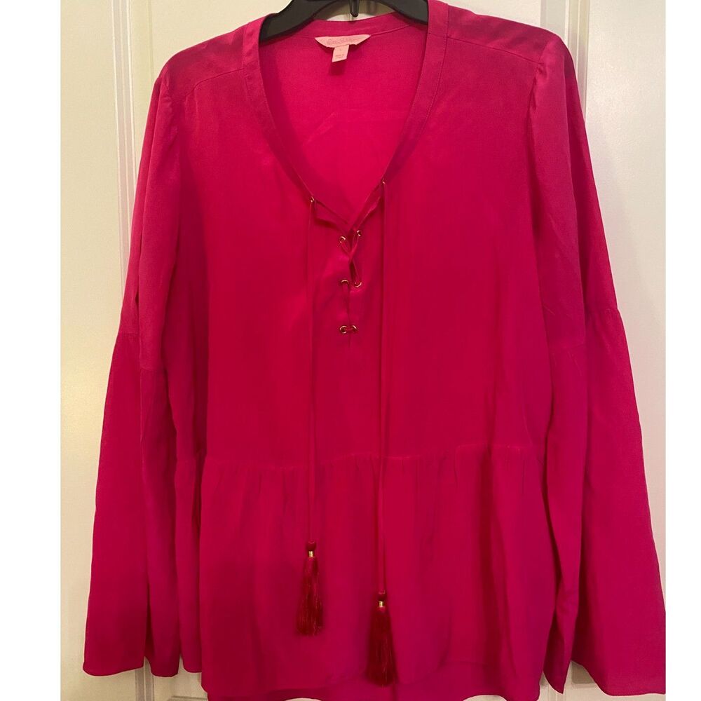 Lilly Pulitzer 100% Silk Blouse – Hot Pink Tassel Tie Top – Size L